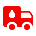 Red blood donation truck icon on black.